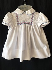 VTG Polly Flinders 18M White Hand Smocked Dress Embroidered Red Blue SS Cute