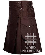 Scottish Men's Brown Cotton Hybrid Utility Kilt Cargo Pocket Utility Custom Kilt