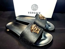 Men's Black Gold Versace Medusa Palazzo Sandals Slides Flip Flops