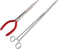 2 Pc Hemostat Forceps 16'' Straight Long Needle Nose Bent Plier 11'' Red Pvc Dep