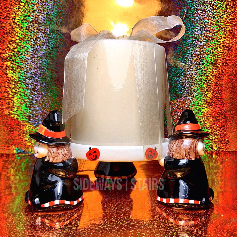 WITCH COVEN PILLAR CANDLE HOLDER Halloween ceramic crackle glaze cute Kohls  RARE