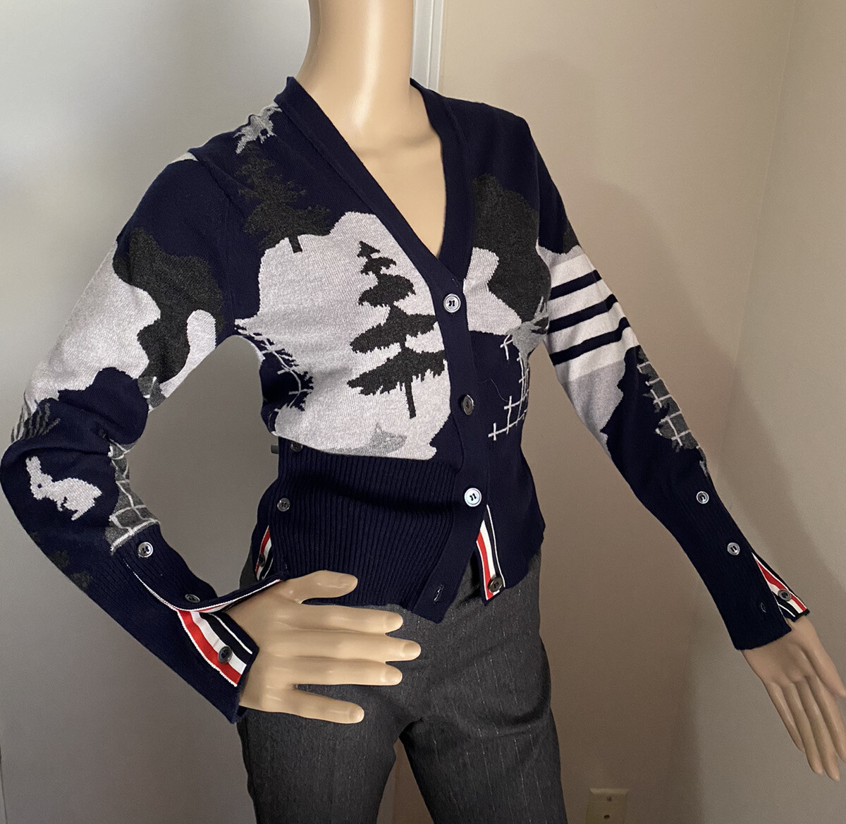 New $1800 Thom Browne Forest Scenery Intarsia Cashmere Cardigan Navy/Gray  42/6