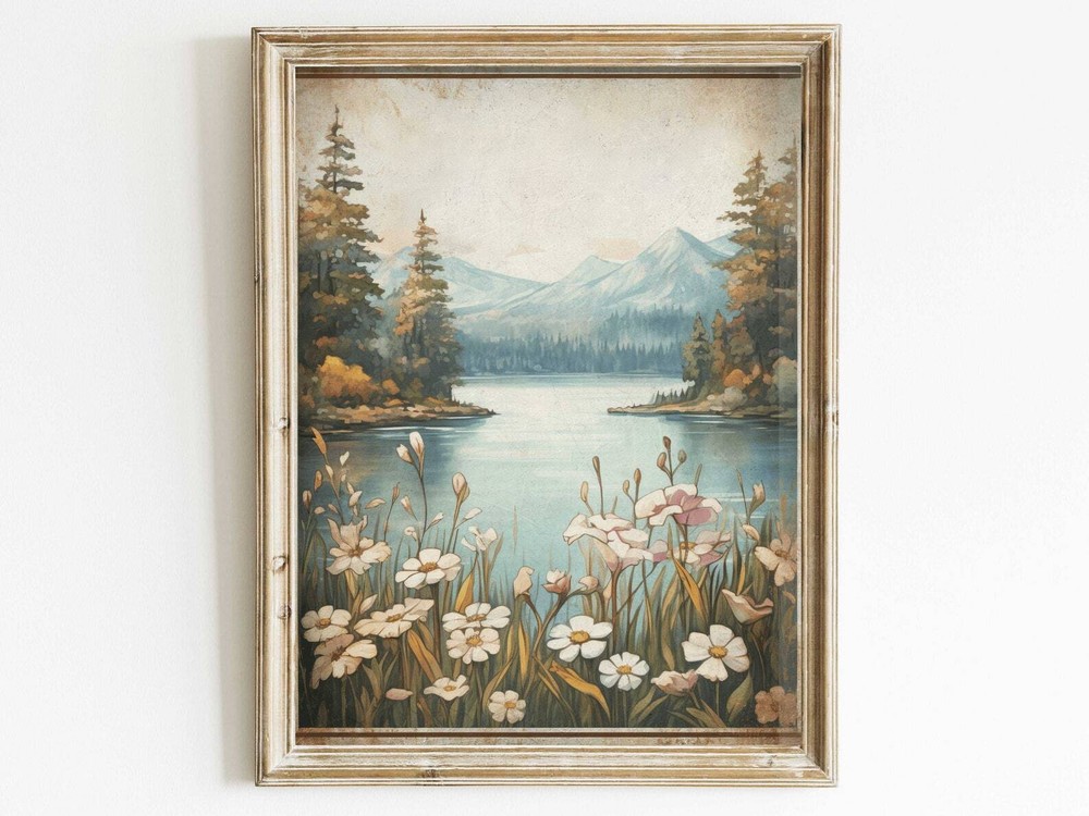 Mountain Landscape Art Print Mountain And Lake Painting Forest Mountain Print