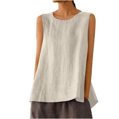 #ad Solid Color Casual Cotton Linen Sleeveless Round Neck Soft and Breathable Top $24.00