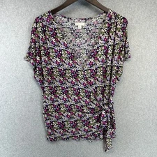 14th & Union Blouse Womens Large Multicolor Floral Surplice Neck Side Tie Snap 