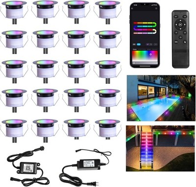 20 Pack 1.22'' RGBW+IC LED Deck Lights Kit Low Voltage Recessed Landscape Light