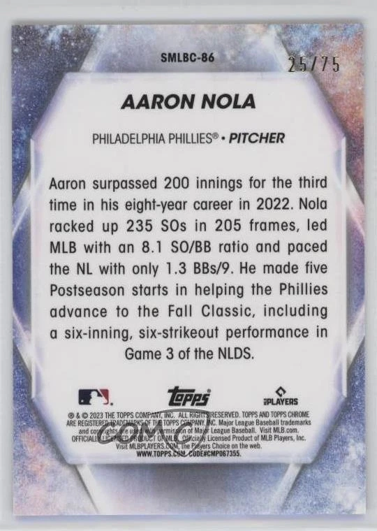 2023 Topps Update Stars of MLB Chrome Red Refractor /75 Aaron Nola #SMLBC-86 - Image 2 of 2