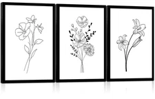 Framed canvas black and white floral wall art three-piece set, decorative pai...