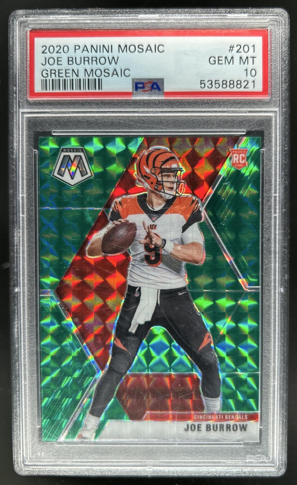 2020 Panini Mosaic Joe Burrow Prizm Green Rookie RC #201 Bengals PSA 10 GEM MINT