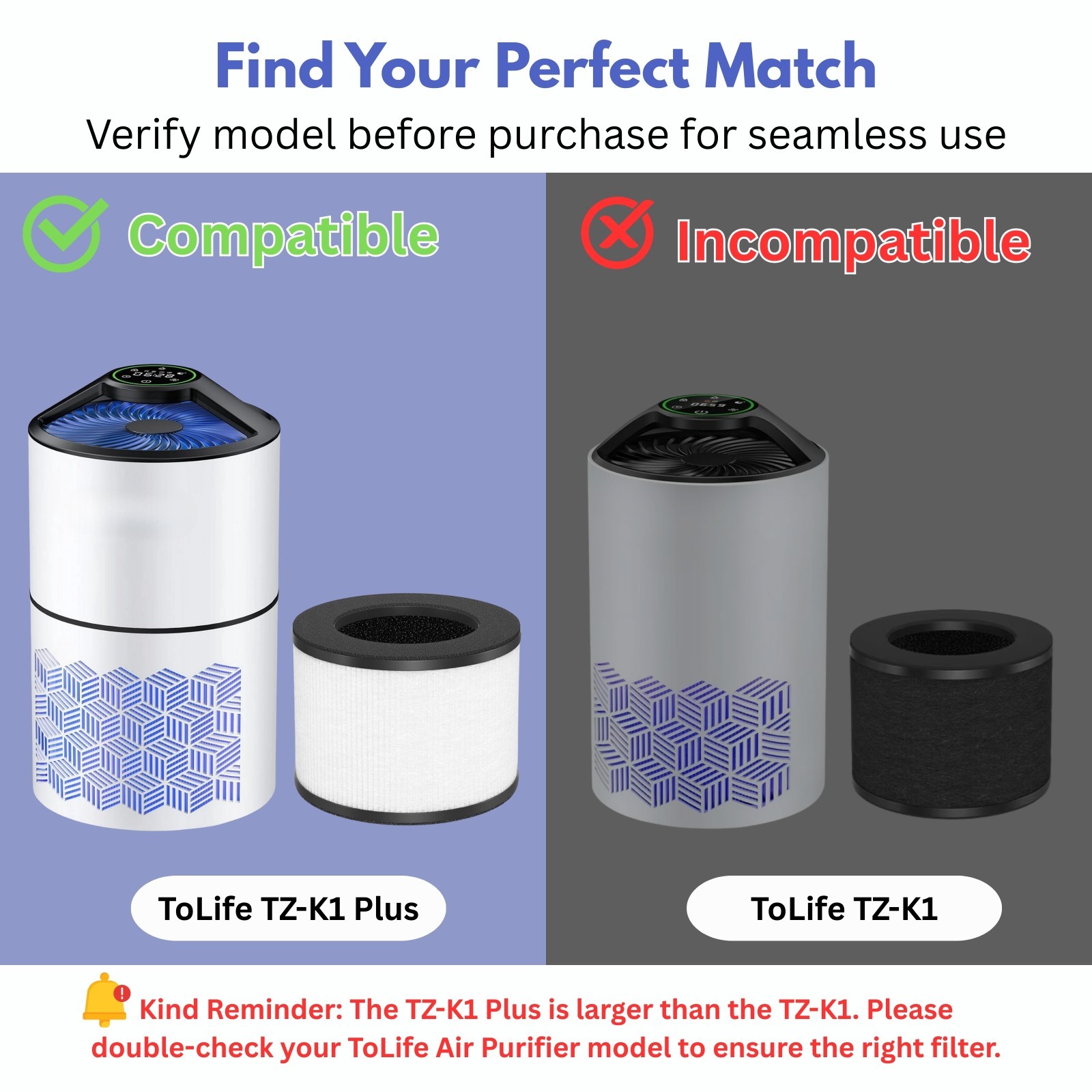 Nispira TZ-K1  Plus HEPA Carbon Filter for ToLife TZ-K1 Plus Air Purifier, 2 Pk