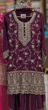 Wine Designer Heavy Chinon Silk Top Palazzo With Dupatta For Functional Wear