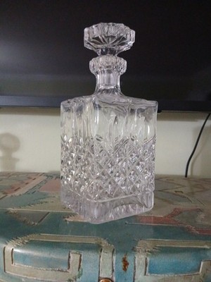 Vintage Crystal Square Decanter, octagon neck, matching stopper, cut Crystal
