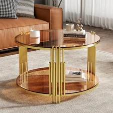 Modern Round Glass Coffee Table Center Table With Storage Shelf Gold Metal Frame