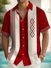 Vintage bowling geometric shape printed men's button-down pocket short-sleeved