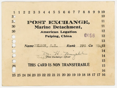 1930s Peking China Marine Detachment American Legation Embassy Punch Card #6N