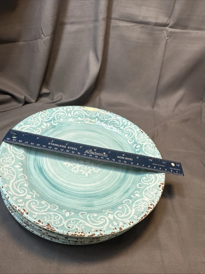 Cynthia Rowley Rústico Aqua Azul Medallón Melamina Mezcla Lote Juego de 16 Ropa de Mesa Foto 4 de 4