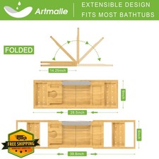 Bamboo Bathtub Caddy Tray Foldable Bath Shelf Book Wine Glass Holder