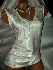 VTG SATIN SHINY COQUETTE VICTORIAN LACY V BOW CAMI BLOUSE TOP 80S L/46"