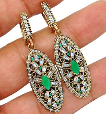 Ottoman Empire Style 12CT Treated Emerald 925 Sterling Silver Earrings SB3-7