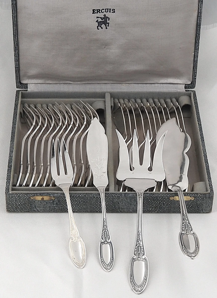 ERCUIS MODELE LOUIS Xvi Couverts A Poisson 24 Pices En Metal Argente Annees 1950 EUR 160,00