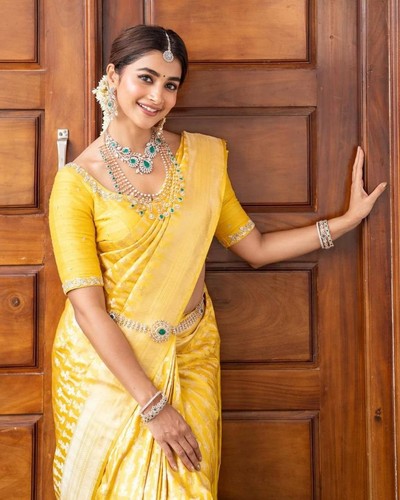 Gelber weicher Seidensari Jacquard indische Webart Designer Sari für Hochzeit Party - Bild 1 von 11