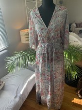Light Blue Pink Floral Maxi Dress V-Neck 3/4 Sleeve Tie Drawstring Waist Women