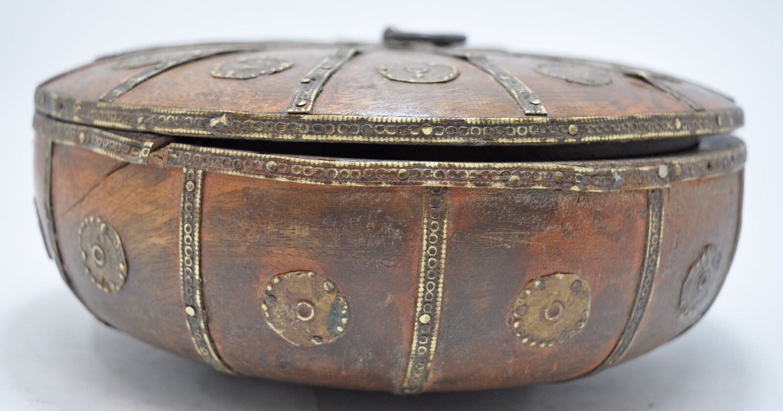 Vintage Wooden Round Kum Kum Powder Tika Box Original Old Hand Carved Brass Fitt