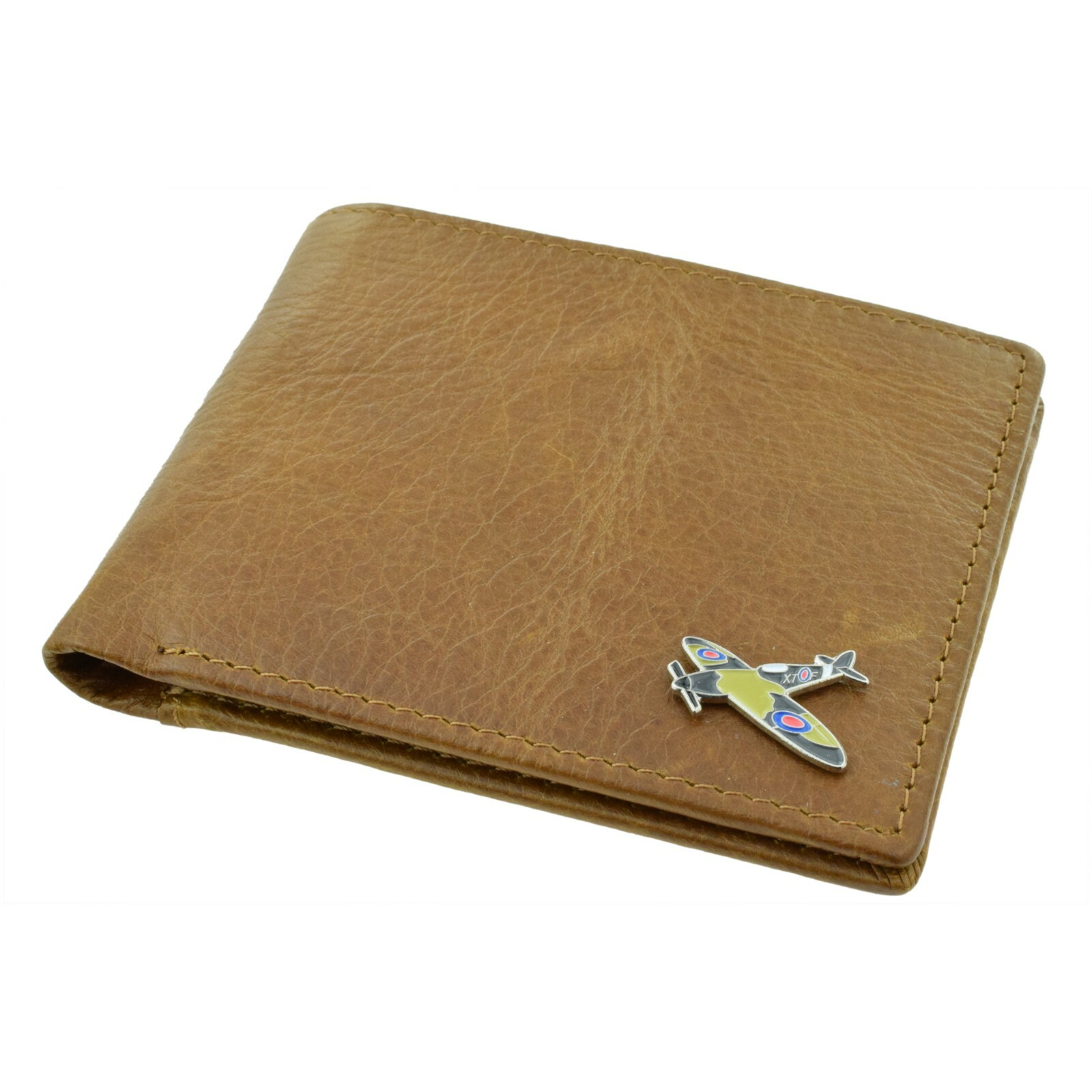 Classic Style Brown Genuine Leather Wallet with a Spitfire Aeroplane Emblem