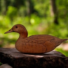 Hand Carved Wooden Duck w/ Glass Eyes Made In The USA Signed 10" Long