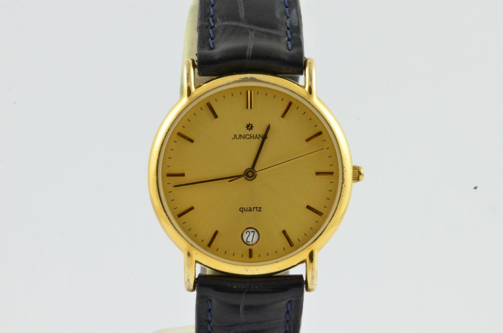 JUNGHANS HERREN UHR 34MM STAHL VERGOLDET VINTAGE RAR MIT LEDER