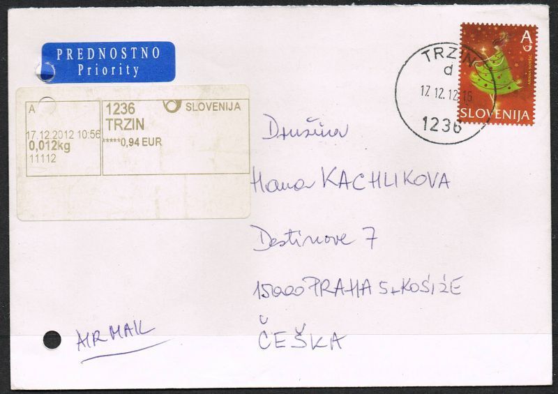 Slovenia 2013. Priority Airmail Cover. Trzin to Prague. Addition