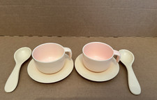 Vtg Two Sets Cream Pink Cups Saucers Spoons 1982 Lanyard Toys Hong Kong