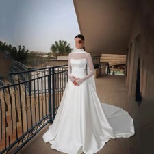 Simple Satin A-Line Wedding Dresses Full Puff Sleeves High Neck Bridal Gowns