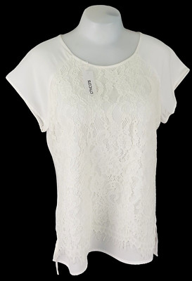 CHICOS Damen Tunika Oberteil weiß S/S SPITZE - Größe 1 - L - UK16 - EU44 - UVP 79£