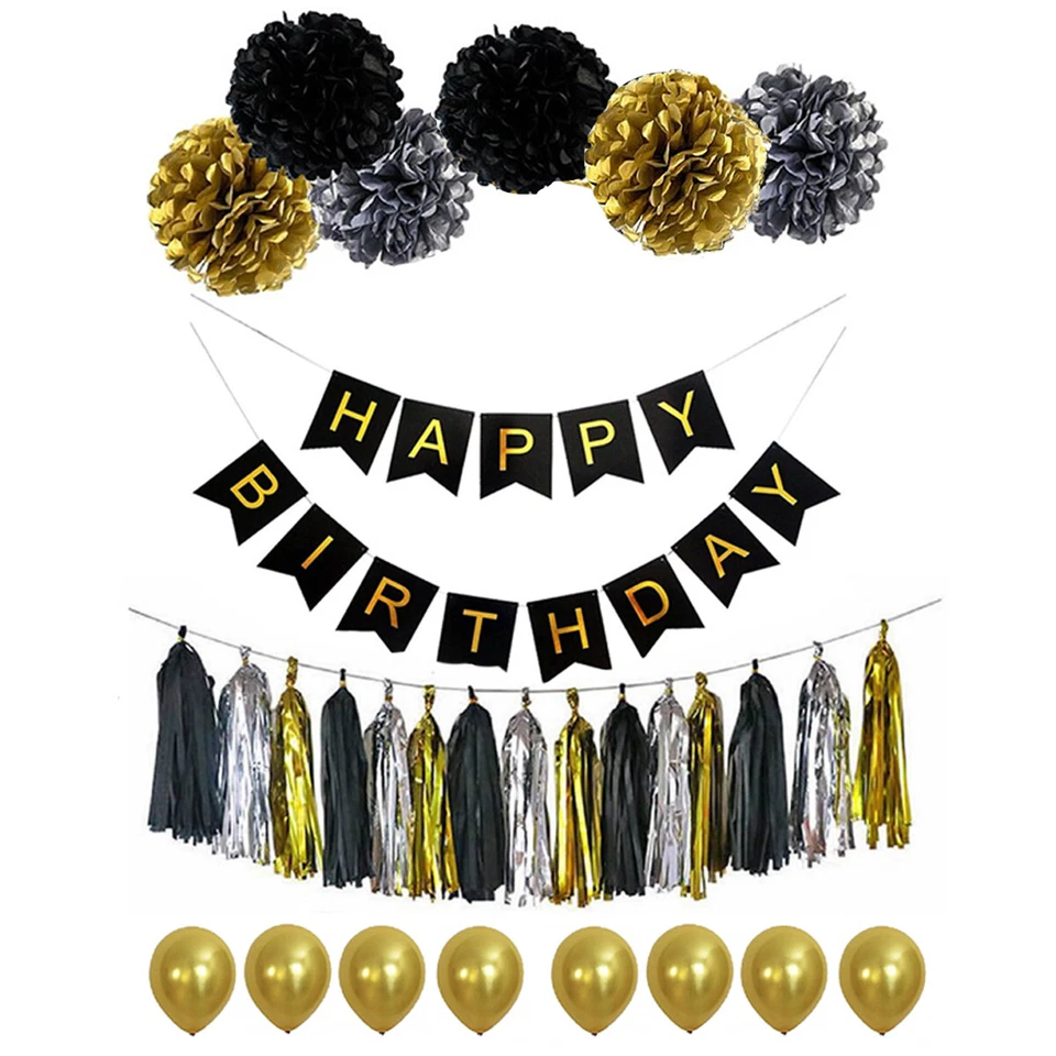 Joyeux Anniversaire Guirlande Fanions Lettre Suspendu Carte Fête Déco Noir & - Photo 1/4
