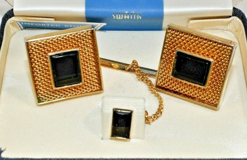 Vintage Swank Beaux Arts Cufflinks Tie Clip Tac Genuine Black Obsidian Gold colo - Picture 6 of 8