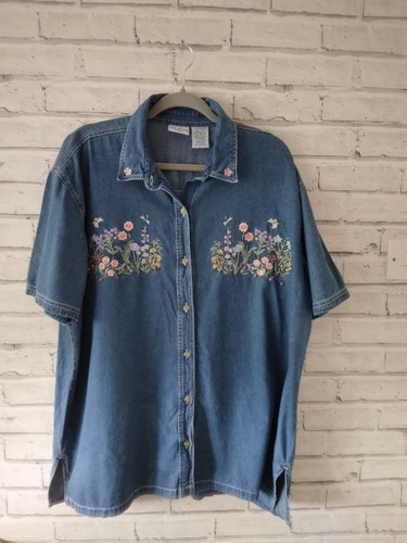 Vintage Denim Embroidered Floral Shirt 