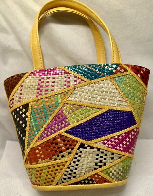 Vintage Rattan Patchwork Yellow Handbag Retro Multicolor Drawstring Purse 