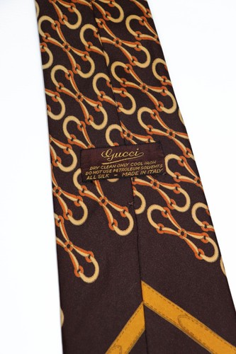 Gucci Vintage Seidenkrawatte braun Horsebit Monogramm Muster bedruckt Grafik - Bild 8 von 9