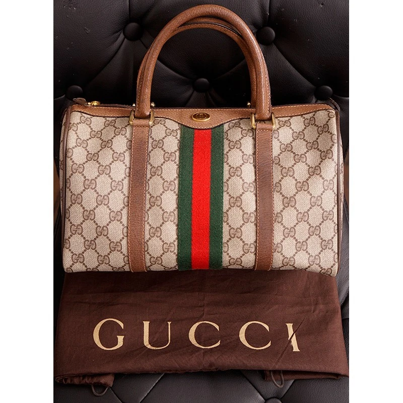 Givenchy — 1980 VINTAGE GUCCI Coated Canvas Supreme GG LOGO & Leather Web Sherry BOSTON BAG