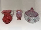 Cranberry Glass Pitcher & Vase - Floral Glass Candy Dish Signed by R. Bauman