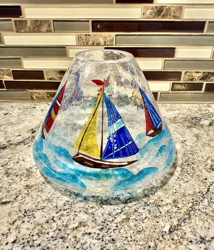 Yankee Candle Sailboat Crackle Glass Candle Topper/Shade - Retired - New