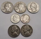 Lot of 7 Silver US Coins - 3 Washington Quarters, 2 Dimes & 2 Silver Nickel