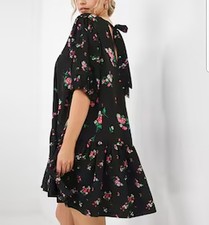 Simply Be Black Floral Tiered Smock Dress Puff Sleeve Tie Back Plus Size UK 28