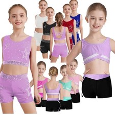 Kids Girls 2 Piece Gymnastics Dance Outfits Shiny Crop Tank Top with Shorts Set