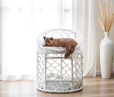 2-Tier Woven Rattan Cat Bed with Cushions, Modern Round Pet Lounge