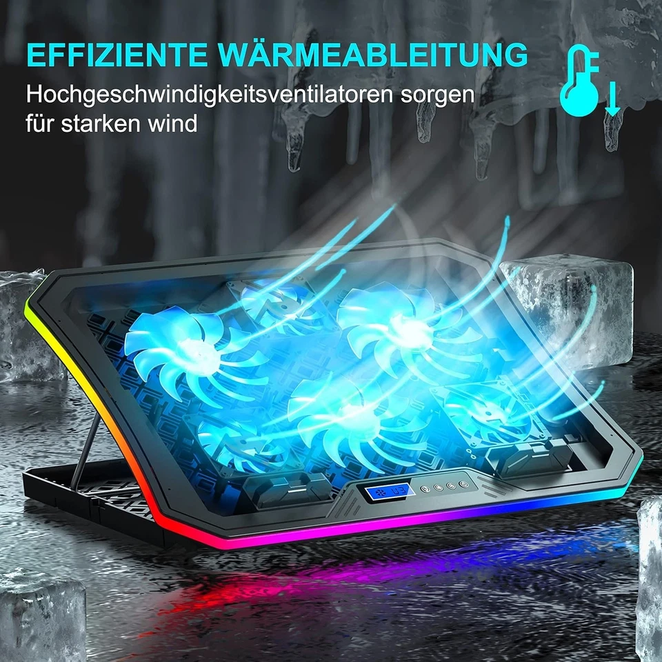 Laptop Kühler RGB Notebook Kühlpad Höhenverstellbar Lüfter, 17 Zoll, Eisblau - Bild 4 von 4