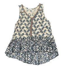 Patrons of Peace Womens boho tank, blue floral and geometric mixed patterns, M