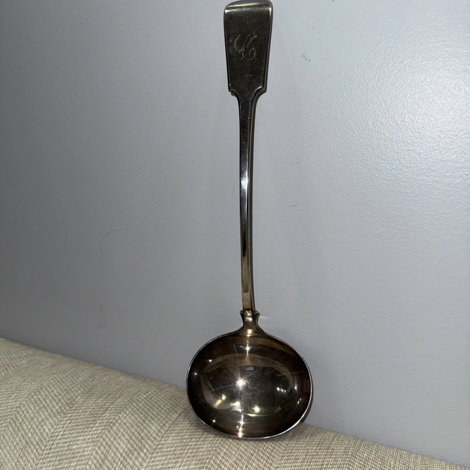TRADITIONAL ANTIQUE SILVER-PLATED SOUP SERVING LADLE 13" OLD ENGLISH C INITIAL
