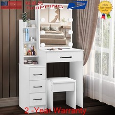 White Vanity Table 10 LED Lighted Mirror Makeup Dressing Desk Stool Set 4 Drawer